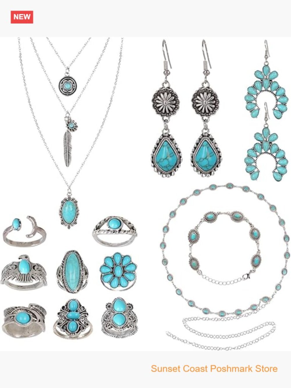 Bohemian Turquoise Jewelry Set Layered Necklace Dangle Earrings Bracelet Mini